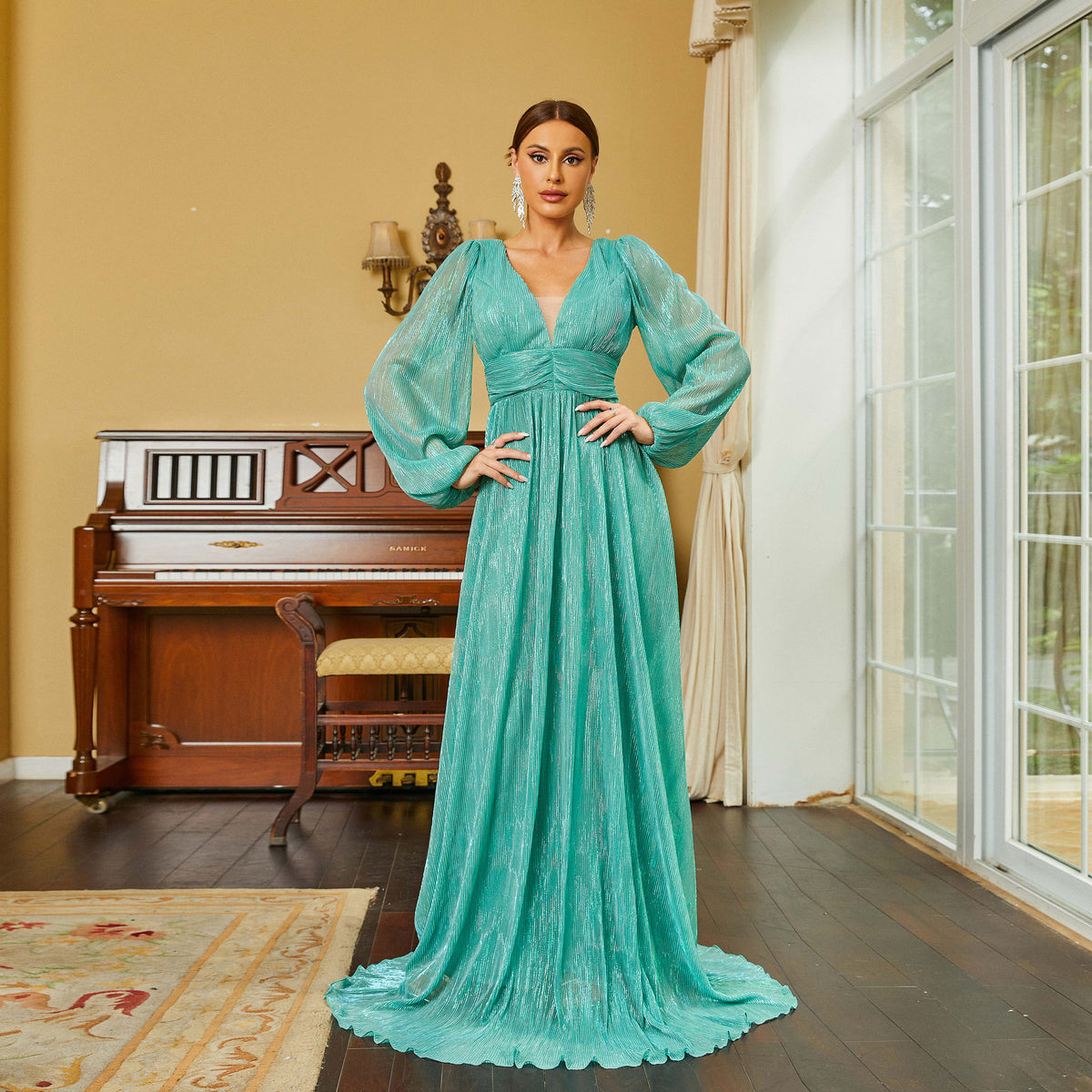 Long Sleeve Elegant V Neck Long Bohemian Evening Dress