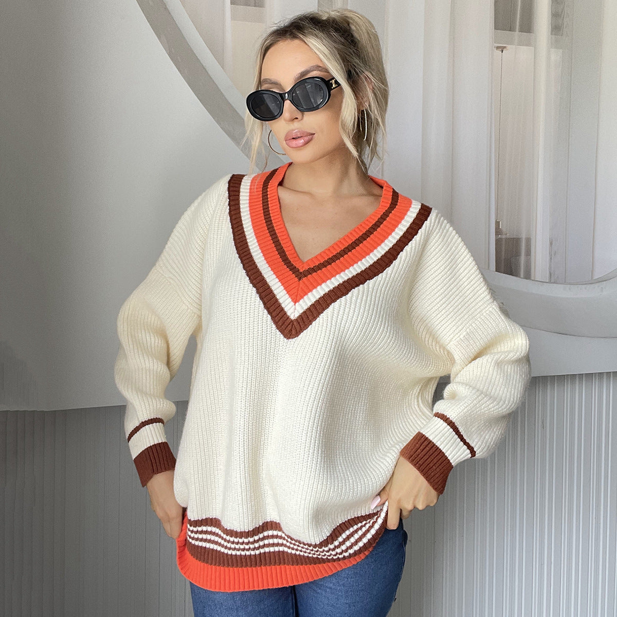 Women V neck Striped Stitching Knitted Pullover