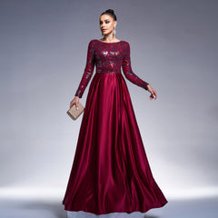 Long Sleeve Crew Neck Sequined Cocktail Evening Dress