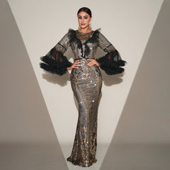 High End Long Sleeve Sequined Fishtail Evening Dress