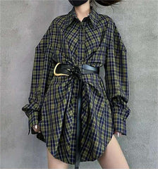 Long Sleeve Plaid Loose Korean Retro with Belt Shirt Dress