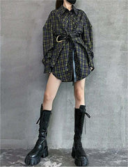 Long Sleeve Plaid Loose Korean Retro with Belt Shirt Dress