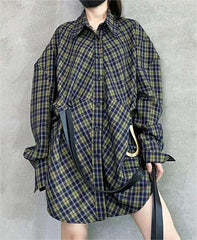 Long Sleeve Plaid Loose Korean Retro with Belt Shirt Dress