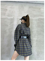 Long Sleeve Plaid Loose Korean Retro with Belt Shirt Dress