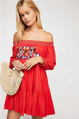 Bohemian Floral Embroidered Shoulder Vacation Dress