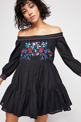 Bohemian Floral Embroidered Shoulder Vacation Dress