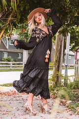 Bohemian Holiday Style Pure Black Embroidered Dress