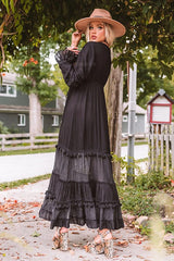 Bohemian Holiday Style Pure Black Embroidered Dress