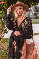 Bohemian Holiday Style Pure Black Embroidered Dress