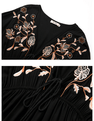 Bohemian Holiday Style Pure Black Embroidered Dress