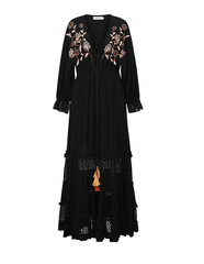 Bohemian Holiday Style Pure Black Embroidered Dress