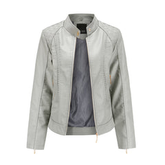 Women Graceful Stand Collar Faux Leather Jacket