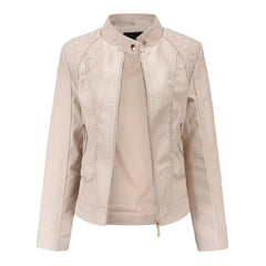 Women Graceful Stand Collar Faux Leather Jacket