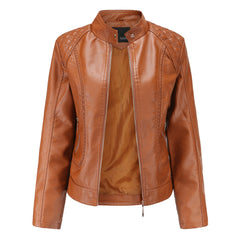 Women Graceful Stand Collar Faux Leather Jacket