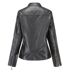 Women Graceful Stand Collar Faux Leather Jacket