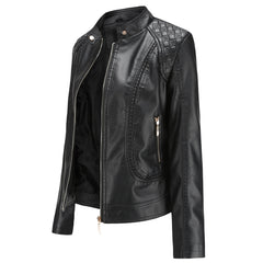 Women Graceful Stand Collar Faux Leather Jacket