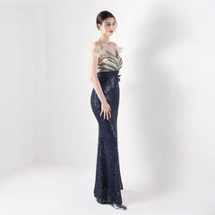 Elegant Ostrich Feather Sequin Evening Dress