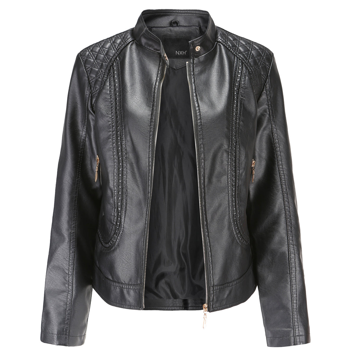 Women Graceful Stand Collar Faux Leather Jacket