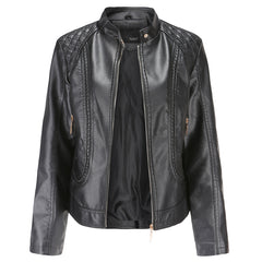 Women Graceful Stand Collar Faux Leather Jacket