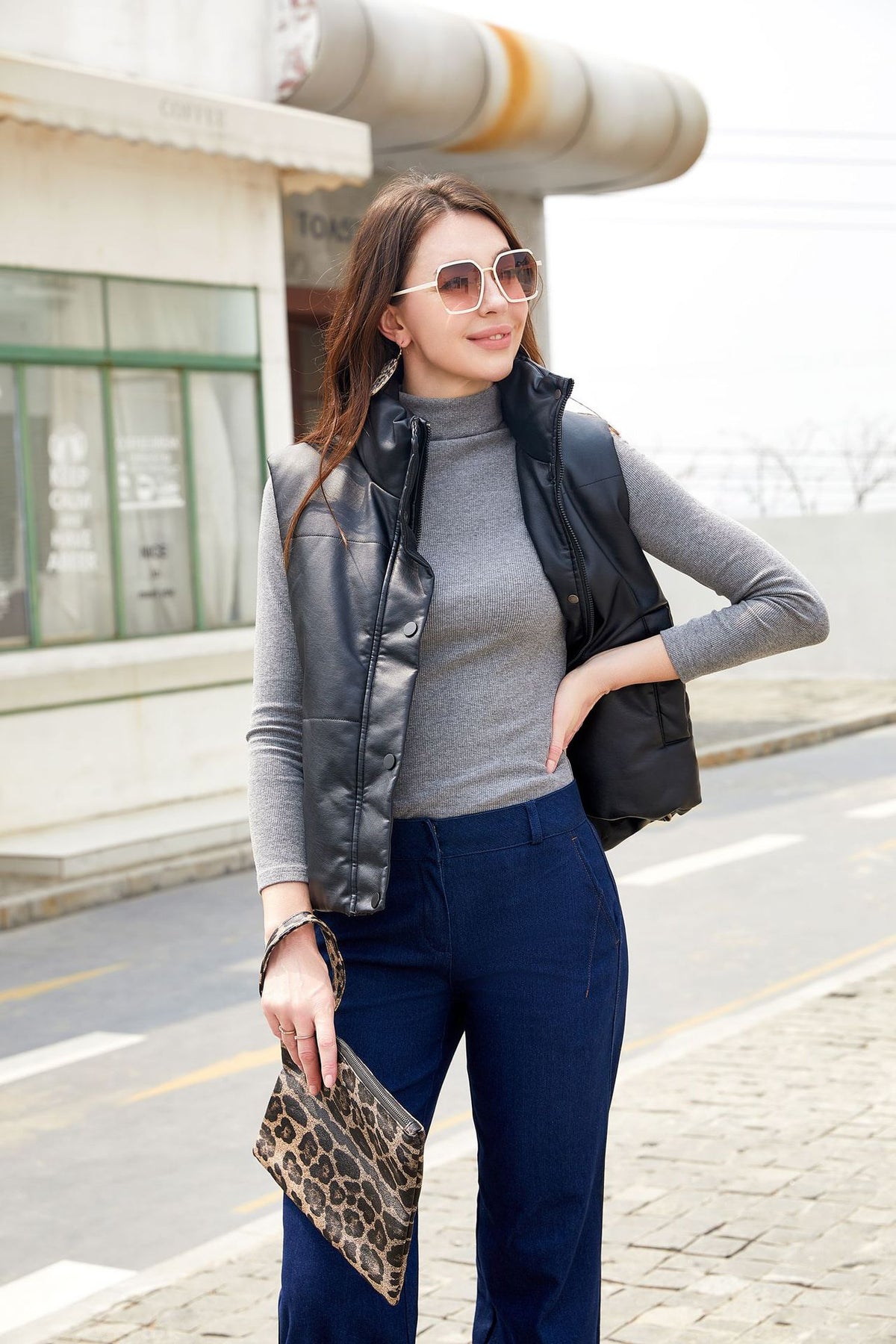 Women Leather Sleeveless Quilted Cotton Padded Jacket