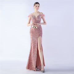 Elegant  Ostrich Feather Sequined Long Evening Dress