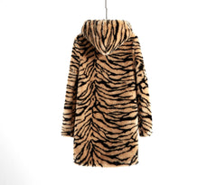 Winter Super Thick Hooded Tiger Pattern Faux Fur Coat