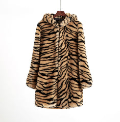 Winter Super Thick Hooded Tiger Pattern Faux Fur Coat