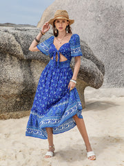 Bohemian Blue Laced Cropped Short Sleeve Vacation Dress