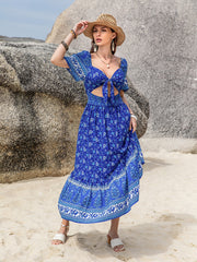 Bohemian Blue Laced Cropped Short Sleeve Vacation Dress