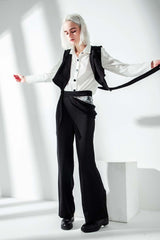 Black White Contrast Color Half Lantern Sleeve Two Piece Suit