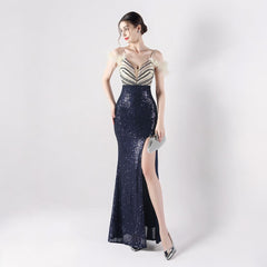 Elegant Ostrich Feather Sequin Evening Dress