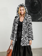 Winter Super Thick Hooded Tiger Pattern Faux Fur Coat