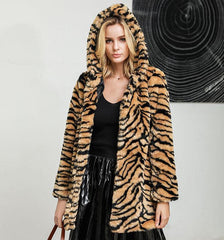 Winter Super Thick Hooded Tiger Pattern Faux Fur Coat