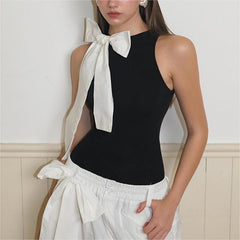 Women Bow Contrast Color Round Neck Sleeveless Bodysuit