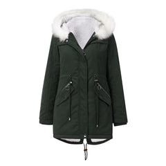 Women Cotton Padded White Fur Collar Hooded Velvet Coat