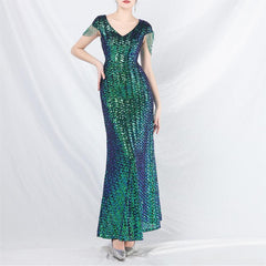 Elegant Craft Beaded Sequined Long A line Evening Dress