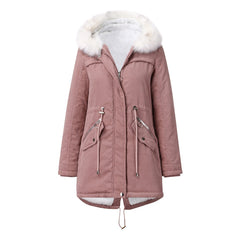 Women Cotton Padded White Fur Collar Hooded Velvet Coat