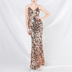 Elegant Sequin Strap Long Evening Dress