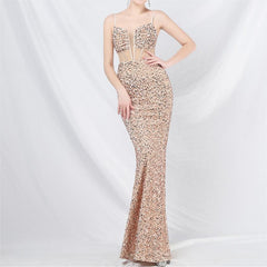 Elegant Boning Corset Mesh Sequin Evening Dress