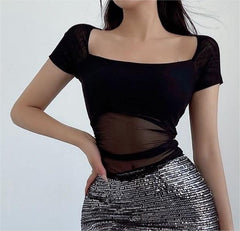 Summer Mesh See Through Short Sleeve Crop Top