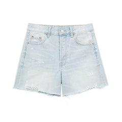 Women High Waist Frayed Denim Shorts