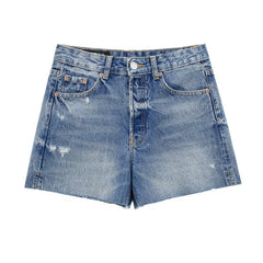 Women High Waist Frayed Denim Shorts