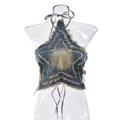 Summer Lace Up Halterneck Five Pointed Star Denim Top