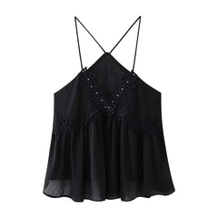 Women Rivet Embroidery Strap Top