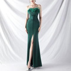 Elegant Ostrich Feather Satin Long Evening Dress