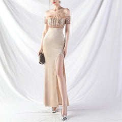 Elegant Ostrich Fur Velvet off Neck Evening Dress