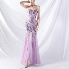 Beaded Stitching Mesh Sequined Evening Dress