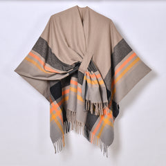 Color Striped Strap Jacquard Warm Tassel Shawl