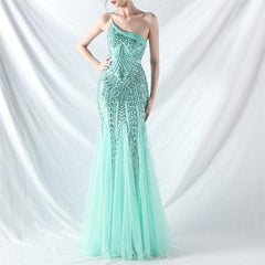 Elegant One Shoulder Beaded Floral Sequin Mesh Evening Dress