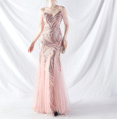 Elegant Sequin Mesh Beaded Evening Dress